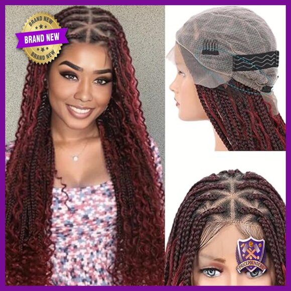 36 Inch Full Lace Box Braided Wig Knotless Boho Curly Glueless Synthetic
